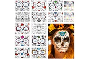 BLUELVES Kit de Tatuajes Temporales para Halloween - 14 Hojas de Tatuajes a Prueba de Agua + 2 Pegatinas de Gemas Faciales - para Mascarada, Hombres y Mujeres