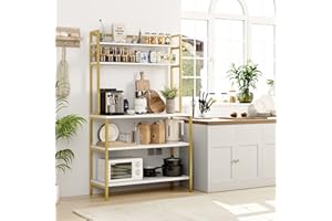 HOCSOK Estantería de Cocina, Estantería para Microondas Mueble Auxiliar de Cocina de 3 Estantes, 170x80x40 cm, Estilo Industrial, Blanco + Oro