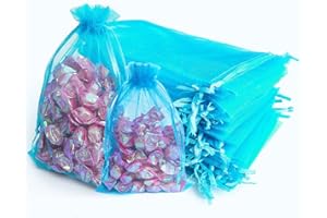 AHOMAME 50Pcs Small Lake Blue Organza Gift Bag 7x9cm Aqua Jewellery Pouches Organza Bag Party Favour Candy Drawstring Bag for Wedding, Birthday, Anniversary, Christmas