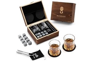 BOMEON Whisky Geschenkset für Männer Whisky Steine Set Eiswürfel Wiederverwendbar 8 Granit Whiskey Stones 2 Whiskygläser Valentinstag Weihnachtsgeschenke für Männer Familie und Freunde