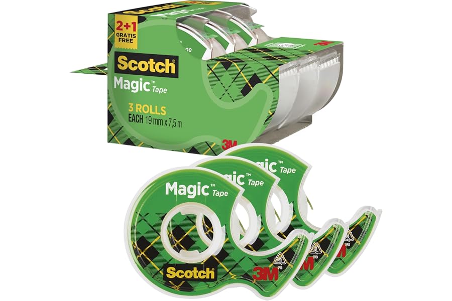 Scotch Magic Cinta Adhesiva Invisible - 2 Rollos de 19mm x 7,5m + 1 GRATIS - Cinta Adhesiva de Uso General para Reparación, E