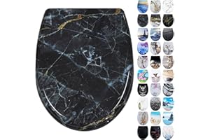 Fanmitrk Toilettendeckel, WC Sitz mit Absenkautomatik, Klodeckel mit Schnellverschluss, Duroplast Klobrille Montage von oben, Toilettensitz mit Motiv, O Form (Schwarz Marmor)