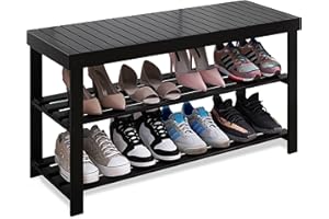 SMIBUY Bamboo Shoe Rack Bench, 3-Tier Shoe Organizer Storage Shelf for Entryway Hallway Bathroom Living Room (Black)