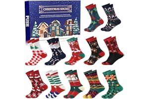 ANOTION 2025 Calze di Natale - Calendario dell'Avvento di 12 giorni Calza calda per uomini Calendario di conto alla rovescia Regali per feste natalizie 12 paia Calze con alce, albero di Natale e