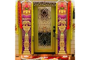 MEHOFOND 2 Pcs Happy Diwali Porch Banner Festive Indian Diwali Peacock Front Porch Welcome Sign Indian Festival of Lights Indoor Outdoor Party Supplies