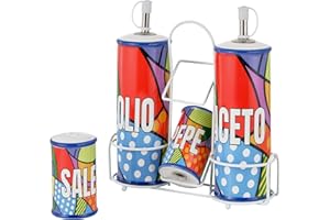 Baroni Home Menage Olio Aceto Sale Pepe in Ceramica Linea Pop con Stand in Metallo, 21x8x22 cm