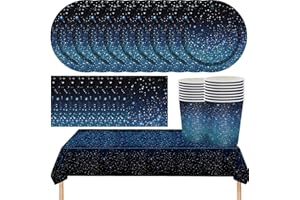 MOMAHUA 53 Stück Sternenhimmel Partygeschirr Blau für 16 Gäste, Weltraum Partyzubehör Geburtstag Papier Geschirr, Galaxie Partyteller Pappteller Becher Servietten Tischdecke für Kindergeburtstag Deko