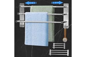 Cinnani Wieszak na ręczniki, bez wiercenia, ze stali nierdzewnej, wysuwany, 37-70 cm, 3 drążki z haczykami, samoprzylepny, ścienny wieszak na ręczniki do łazienki, kuchni, ściany, srebrny