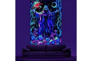 Alishomtll Black Light UV Tapestry, Skull Sun and Moon Wall Tapestry Forest Wall Hanging Fluorescent Goth Tapestries Bedroom Living Room Aesthetic Decorative Tapestry 150x130cm
