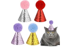 KALIONE Zestaw czapek urodzinowych dla psa – 4 sztuki regulowanych opasek na głowę z pomponami dla zwierząt domowych, kociąt, szczeniaków, urocze mini akcesoria imprezowe i dekoracje