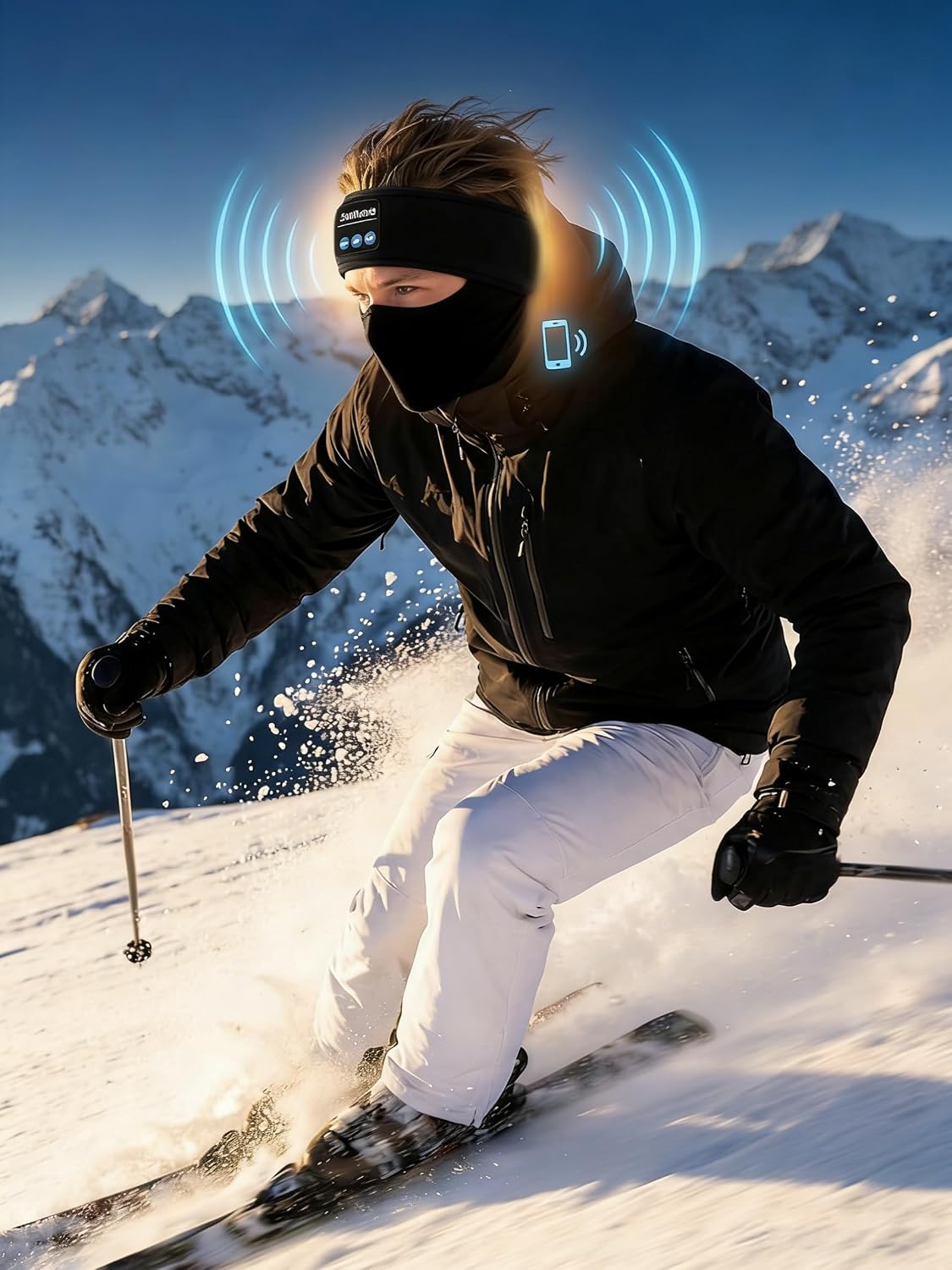 Ski Headband, Bluetooth Music Headband for Skiing, Soft, Helmet-Friendly Design, Wireless Headband Headphones with Built-In Speakers for Sleeping, Outdoor Sports (Black)