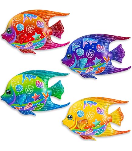 Déco Murale Poisson En Métal - Lot De 2 Sculptures Colorées (30x17,5cm) - Thème Océan, Accroche Facile - Pour Salon, Chambre, Jardin, Cuisine - 5