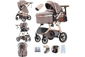 Lnhcrbs 3-in-1 Pushchair, Baby Pram with Adjustable Height Handle, Mountaineering Pushchair with Anti-Mosquito Net, Rain Cover, Mummy Bag, Bottle Holder, for 0-4 Years, 22 kg, Khaki