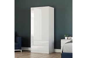 Vida Designs Glinton High Gloss 2 Door 2 Drawer Wardrobe Bedroom Storage Organiser with Hanging Rail Modern Furniture 100% FSC Certified (White, 2 Door 2 Drawer)