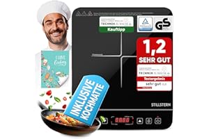 ‎STILLSTERN Stillstern Induktionskochplatte 2100W Schwarz/Silber, Induktionskochfeld 12-28cm, Booster-Modus, Kochmatte hitzebeständig, leise Funktion, 19 Stufen, 24h Timer, Touch