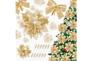 DEEMEI 12Sets Christmas Decorations Glitter Poinsettia with Clips Stems Berries Bows Ornaments for Xmas Tree Wreath Garland Gifts Decor (Gold)