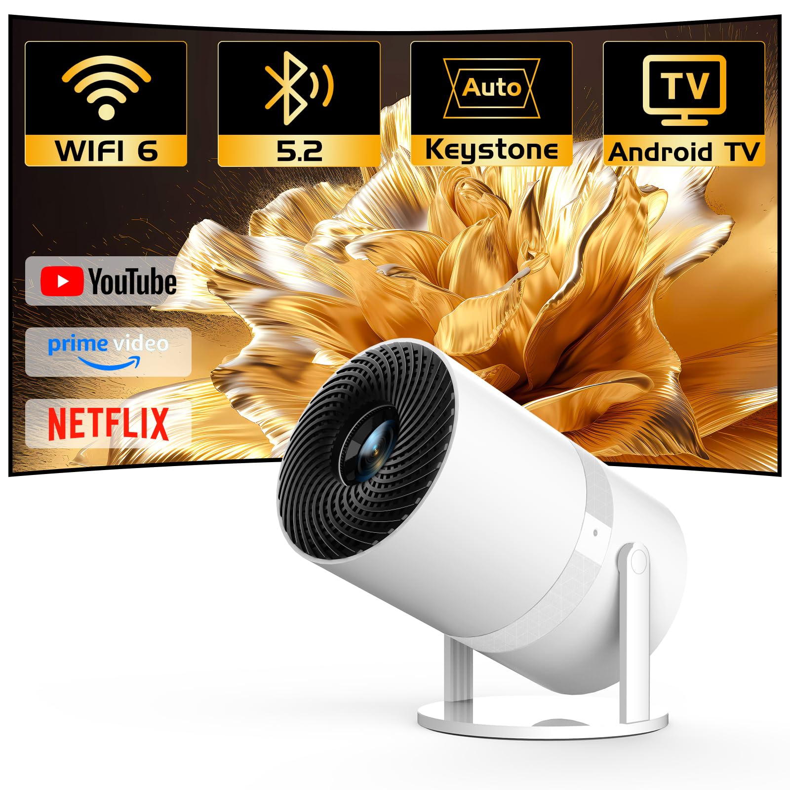 [270°Adjustable Stand] PANSEBA Smart Mini Projector with WiFi 6 and Bluetooth, Auto Keystone Outdoor Movie Projector 1080P Fu