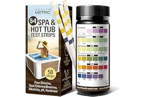 Health Metric Bandelettes Test Eau Spa & Piscine - 50 pcs - 5 en 1 Testeur à Bandelette pour Analyse Chlore Alcalinité pH et dureté - Calibré pour l'Eau Chaude