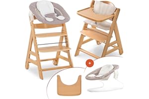 hauck Sediolone Pappa Alpha Move Newborn Set - Seggiolone Pappa Legno Evolutivo Da 0 Mesi con Sdraietta Dondolo Neonati, Cuscino e Vassoio - Legno, Beige