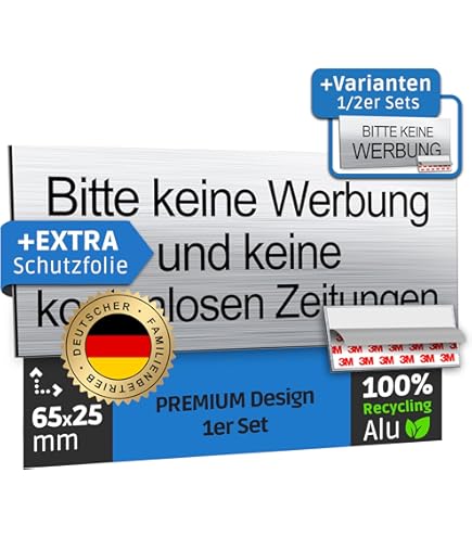 "Bitte Keine Werbung" Aufkleber Set | 2 Stück Magnetisch & Selbstklebend | Silber Metall Optik 8x5cm