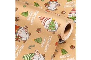 Wikadlik Kraft Christmas Wrapping Paper - Mini Roll - Lovely Red and Green Gnome Pattern Brown Gift Wrap for Winter Holiday Festive Celebration DIY Craft - 43cm x 10m