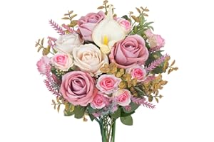 Luabue Bouquet Artificial Pink Roses Lavender Calla and Eucalyptus Silk Flowers Pink Like Real Artificial Flower Bouquet Artificial Flowers Fake Flowers for Vase Weddings and Home Decoration