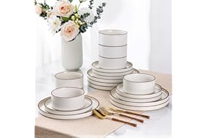 LeRatio Dinner Set for 6, 18 Piece Stoneware Plates and Bowls Set, Chip and Scratch Resistant Dinnerware Set, Oven & Dishwasher & Microwave Safe Crockery Set (Pearl White-Brown Rim, Service for 6)