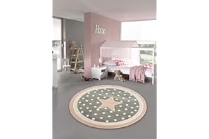 TEPPICH-TRAUM Traum Tappeto per Bambini per Giocare Tappeto per Neonato con Stella in Rosa Grigio e Bianco Größe 80 cm Rund