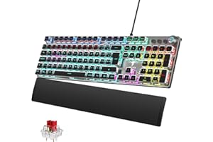 TECURS Clavier Gaming Mécanique - Clavier Gamer Programmable avec Repose-Poignet Magnétique, Switchs Rouges, 19 Modes LED, Touches Multimédia, Clavier AZERTY PC/Wins/PS4