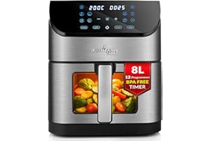 Lehmann Tanzi Frytkownica beztłuszczowa 8 l z okienkiem podglądu, Airfryer XXL 1800 W, regulacja temperatury do 200°C, frytownica z timerem i cyfrowy ekran dotykowy LED