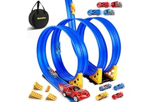 Charmofun Autorennbahn für Kinder 5M, Flexible Rennbahn Kinder mit 4 Autos, Aufbewahrungstasche, Katapult, Rennstrecke Auto Spielzeug, Portable Dual Auto Rennbahn für Jungen Mädchen ab 3 Jahren (Blau)