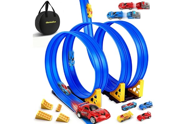 Charmofun Circuit Voiture Enfant 5M, 1:64 Piste de Voiture avec 4 Voitures,Sac Rangement, Circuit de Voiture avec Rampe et Lanceur, Piste de Course Portable Double Voies pour Enfants de 3+ Ans (Bleu)