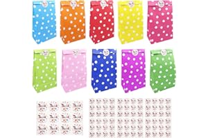 Brevanza 50 piezas bolsas de Regalo cumpleaños infantil para niños con 84 pegatinas, bolsita para regalos de lunares coloridos, bolsa chuches para dulces embalaje, para cumpleaños, fiestas, Halloween