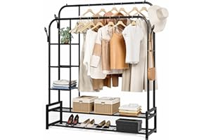 JOISCOPE Perchero con 2 Rieles para Ropa, Perchero Multifuncional con 3 Capas de Estantes Laterales, 2 Capas de Estantes en el Piso, 4 Ganchos, Sala de Estar, Dormitorio, 125.5 * 164.5 Negro