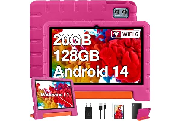 ZIOVO Tablette 10 Pouces Android 14 Tablette Enfants,20Go RAM+128Go ROM(TF 1To),Widevine L1,WiFi 6 Tablettes,Octa-cœur, 6000mAh | 5+8MP | BT 5.0 | Contrôle Parental Tablettes avec EVA Cas-Rose