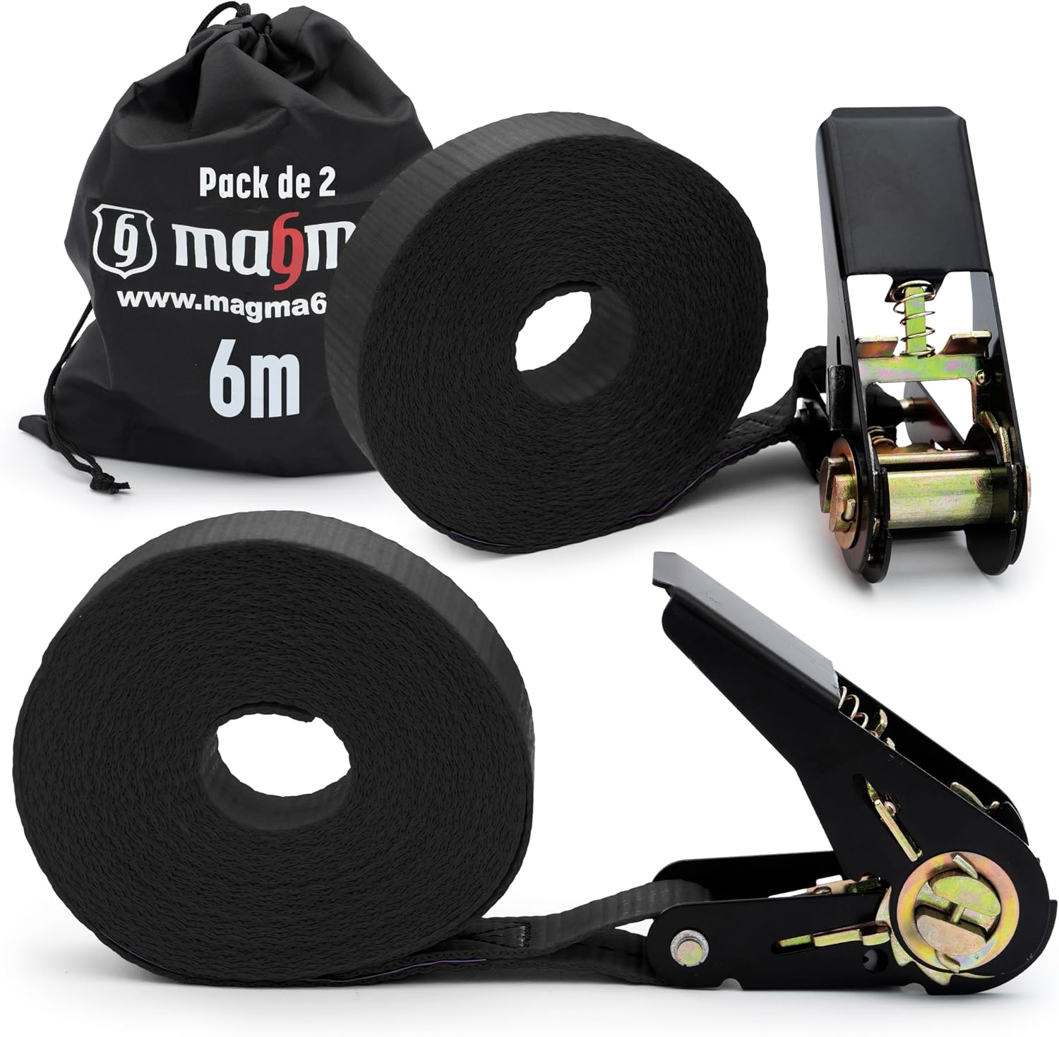 MAGMA 2 Correas de Trinquete 6m, 800Kgf/unit. Cinchos, Cinchas de Amarre, Eslingas con Carraca, Remolque Baca Kayak Tabla de Surf Piraguas Canoa Bicicleta Moto, Longitud Ajustable. Negro