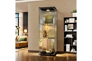 FEEOHOME Vitrine en Verre avec LED, vitrine trempé moderne en verre 3 Couches avec 1 Porte, Vitrines de collection, Transparent vitrine sur pied pour salon, chambre à coucher, bureau, 42x36x125cm (Noir)