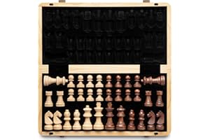A&A 15" Wooden Chess Set/Folding Board / 3" King Height German Knight Staunton Chess Pieces/Beech Box w/Maple & Walnut Inlay / 2 Extra Queens