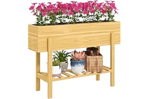 Outsunny Jardinière sur Pieds, carré Potager de Jardin sur Pieds avec 2 Trous de Drainage, Potager surélevé en Bois pour Fleurs, Herbes, légumes, 100 x 30 x 70,5 cm, Bois Naturel