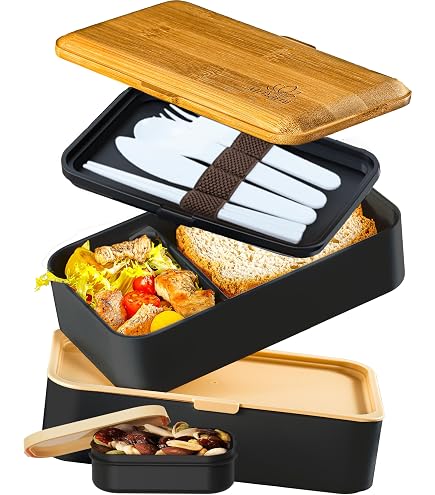 Hakoya Tierra Zen Fiancé – Kit Bento Giapponese In ABS – 2 Scomparti Impilabili + Ciotola – Beige/nero 10x13 Cm