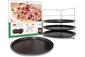 Guardini, Set 4 tegami pizza Ø 28 cm + 1 griglia porta tegami, Acciaio con rivestimento antiaderente, Nero, Made in Italy, Linea Pizza&Mania