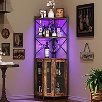 Armadietto Angolare Da Bar Con Luce LED E Ricarica - Mobile Per Vino, Liquori E Accessori (Nero)