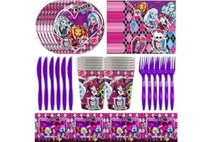 FISAPBXC 61 pièces Thème Vaisselle Fête Set,Monster High Fournitures de Fête,Filles/Garçon Décorations d'anniversaire avec Serviettes, Assiettes en Papier, Gobelets en Papier, Nappes