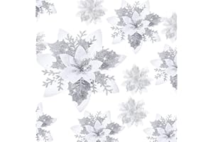 Geosar 24 Flores de Nochebuena Artificiales con Purpurina para Navidad Decoraciones de Flores de Boda Adornos de Árbol de Navidad con Clips, 6 Pulgadas, 4 Pulgadas, 3 Pulgadas (Plata y Blanco)