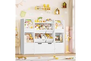 FOREHILL Scaffale Portagiochi Bambini, Libreria Bambini a 4 Ripiani, a 4 Contenitori Rimovibili in Plastica, con 2 Cassetti su Ruote, Scaffale per Giocattoli a Scomparti Aperti, 126x30x104cm (Bianco)