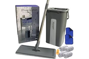 FLOORINGTON Floor Mop and Bucket Set Easy Flash Speed Mop with Squeeze Bucket Flat Mop for Floor Cleaning Includes 4 Washable Microfiber Pads, 2 Free Cleaning Cloth -SM11
