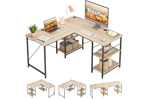 Bestier Scrivania a Forma di L con Ripiani Scrivania ad Angolo Reversibile 220 CM Tavolo Lungo Industriale Scrivania Stabile Postazione di Lavoro per Computer a Forma di L con 3 Fori per Cavi
