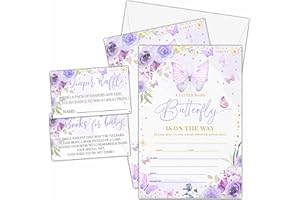 TIOFUNO Set of 25 Baby Shower Invitations, Purple Butterfly Gender Reveal Party Invites with Envelopes, Book Request Cards, Diaper Raffle Tickets for Party Decorations Supplies - A02