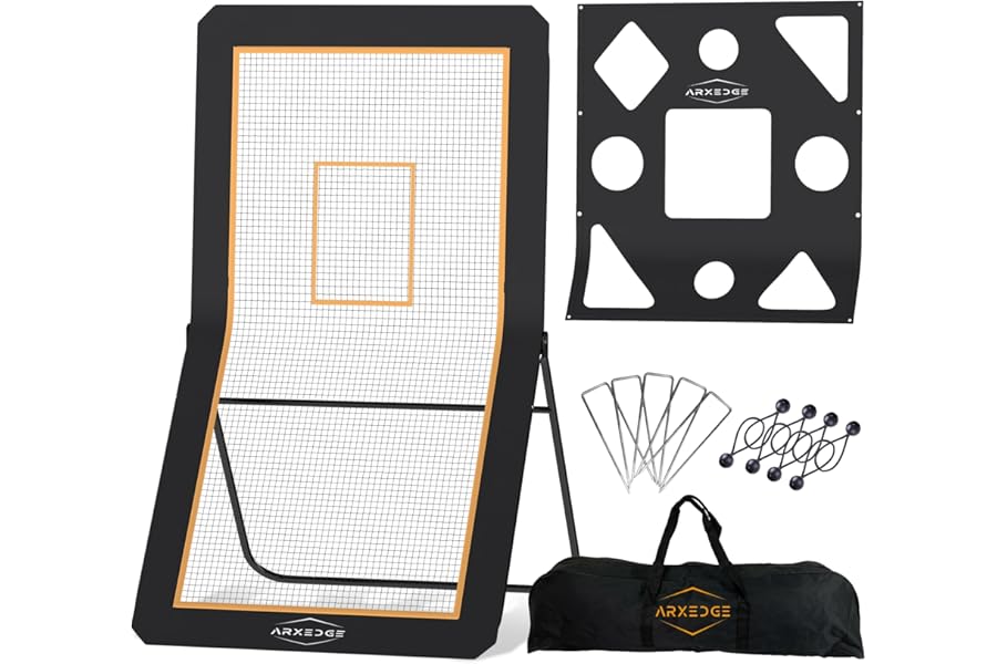 Volleyball Rebounder Net Lacrosse Rebounder - 5 Pitchback Angles - 4x7ft + Bonus Target Lacrosse Net - Neon Target Zone for Rebounder Volleyball Practice Equipment, Pitch Back Baseball Rebounder Net