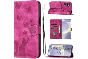 LSPCASA Phone Case For Samsung Galaxy S24 Plus Premium PU Leather Material Samsung Galaxy S24 Plus Case With Card Slots Cat Butterfly Pattern Rose